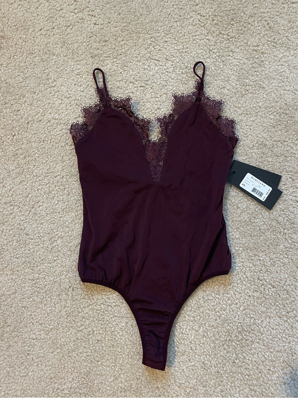 Marciano Lace-Trim Plum V-Neck Bodysuit